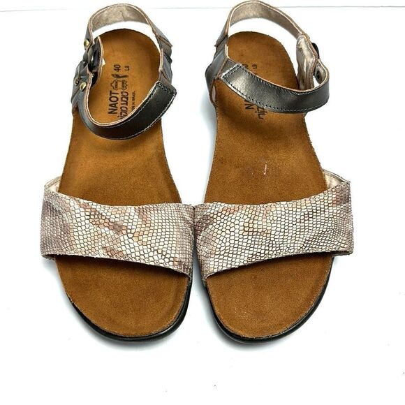 Naot Sabrina Flat Sandals Beige Snake Embossed and Bronze Leather 40 US 9 - Picture 4 of 12